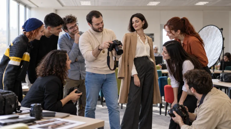 Eğitmenin fotoğraf makinesi üzerinden teknik açıklama yaptığı, model ve katılımcıların çekim sonucunu birlikte incelediği an.