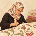 Nahya Güzelyurt, geleneksel yorgan dikerken betimlenen profil illüstrasyonu.