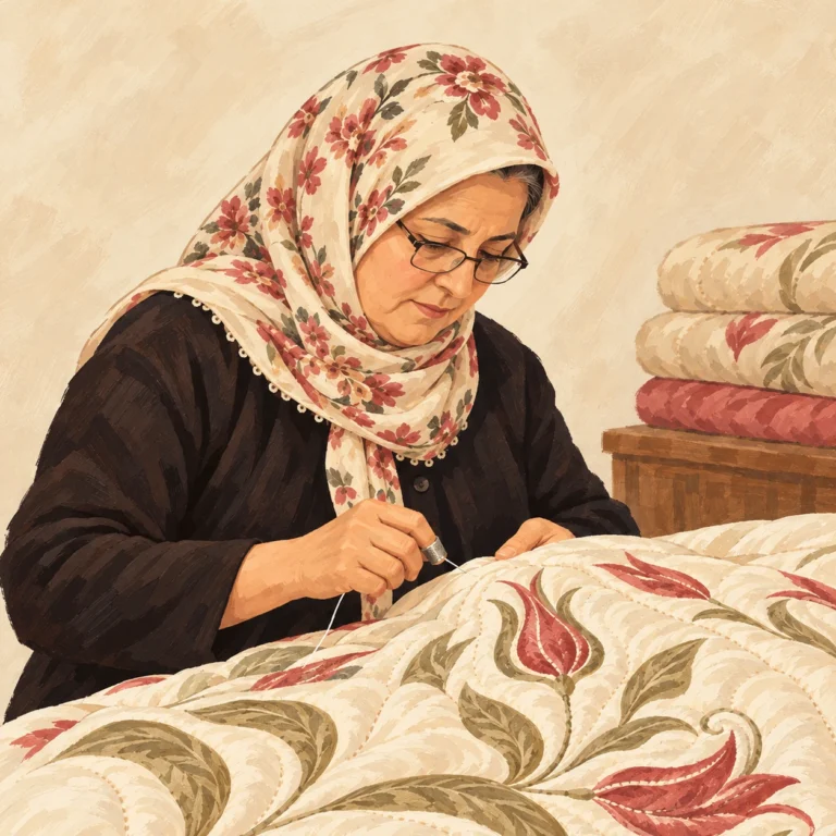 Nahya Güzelyurt, geleneksel yorgan dikerken betimlenen profil illüstrasyonu.