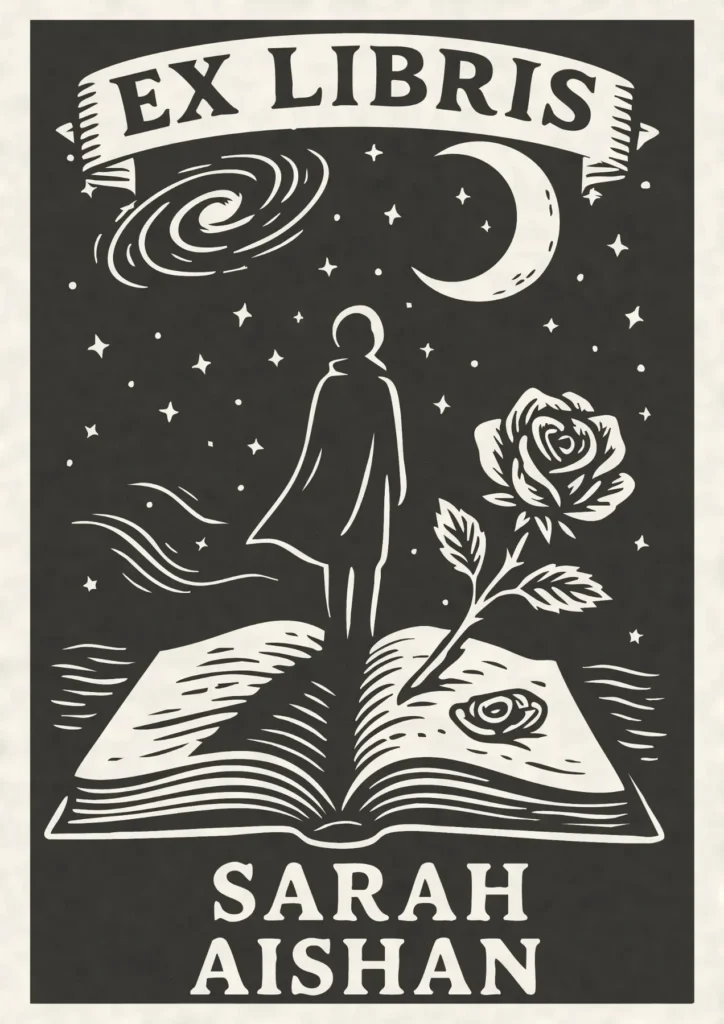 Açık kitap üzerinde figür ve gül bulunan siyah-beyaz ex libris tasarımı.