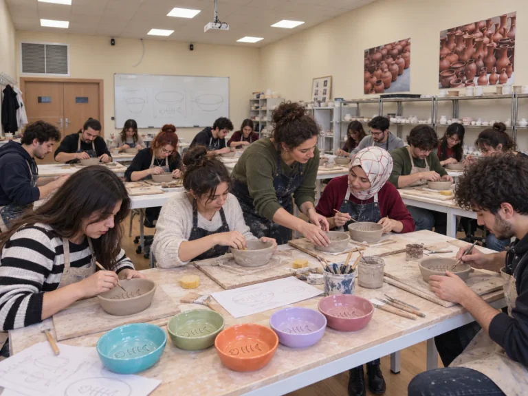 Katılımcılar Seramik Mama Kabı Tasarım Atölyesi’nde seramik mama kaplarını biçimlendiriyor.