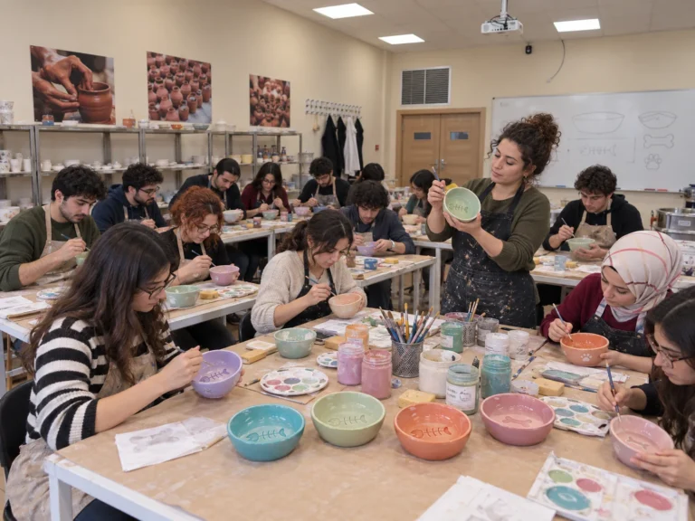 Katılımcılar Seramik Mama Kabı Tasarım Atölyesi’nde seramik yüzeyleri renklendiriyor.