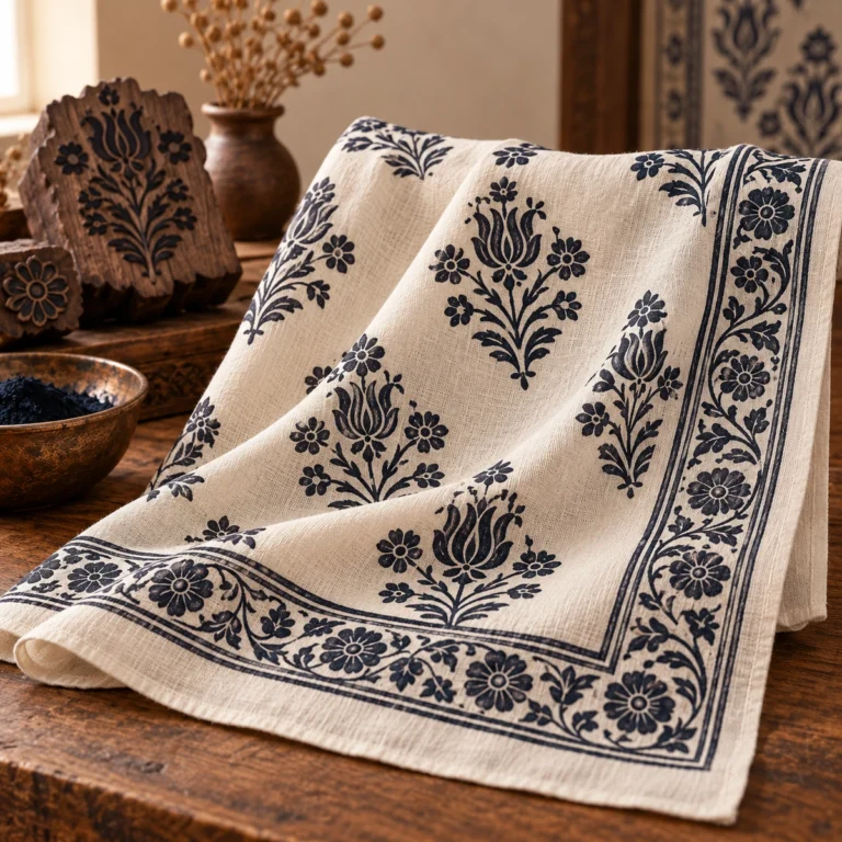 Krem tekstil yüzeyinde indigo tonlu geleneksel kalıp baskı örneği.