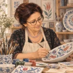 Tülin Yavuz'u atölyede porselen tabak üzerine mavi ve kırmızı geleneksel motifleri ince fırçayla boyarken, çalışmasına odaklanmış biçimde betimleyen temsili AES usta profil illüstrasyonu.