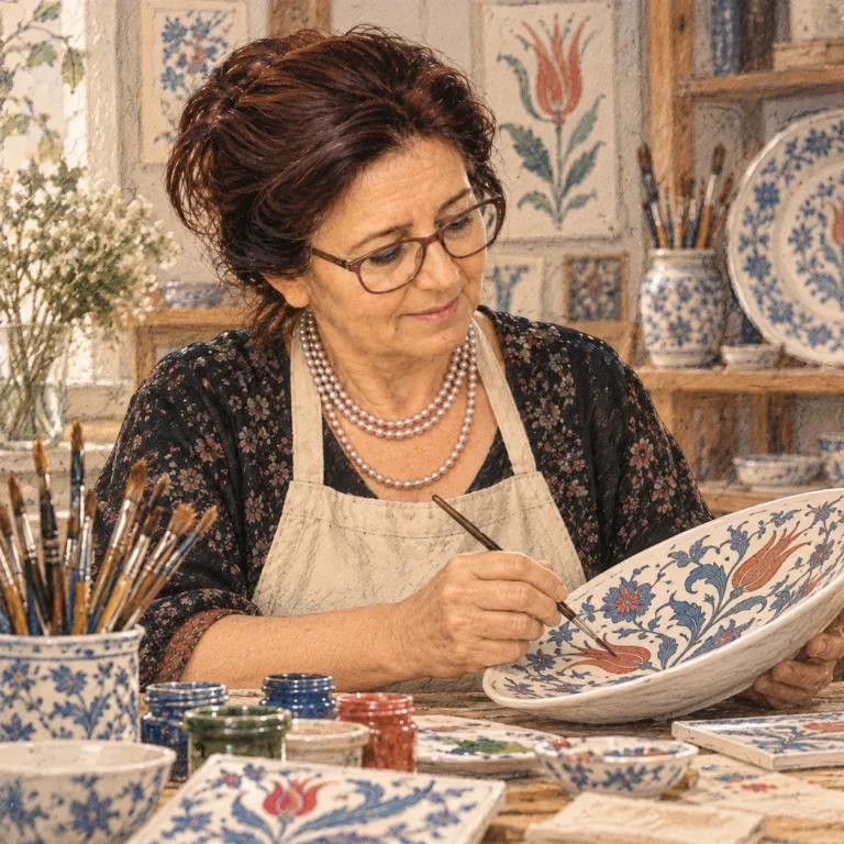 Tülin Yavuz'u atölyede porselen tabak üzerine mavi ve kırmızı geleneksel motifleri ince fırçayla boyarken, çalışmasına odaklanmış biçimde betimleyen temsili AES usta profil illüstrasyonu.