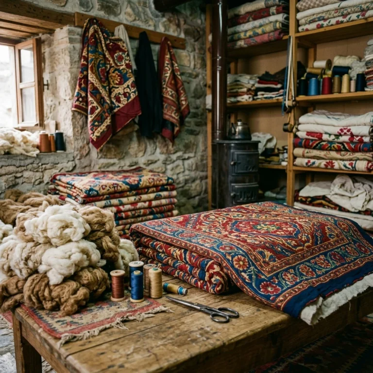 Yün dolgu, iplik ve motifli yorganların birlikte görüldüğü geleneksel yorgancı atölyesi.