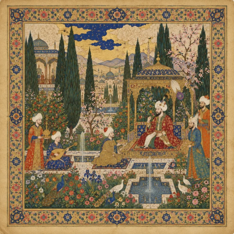 Saray bahçesinde padişah, divan mensupları, müzisyenler, tavus kuşları, servi ve çiçeklerle oluşturulmuş tekil minyatür çizimi.