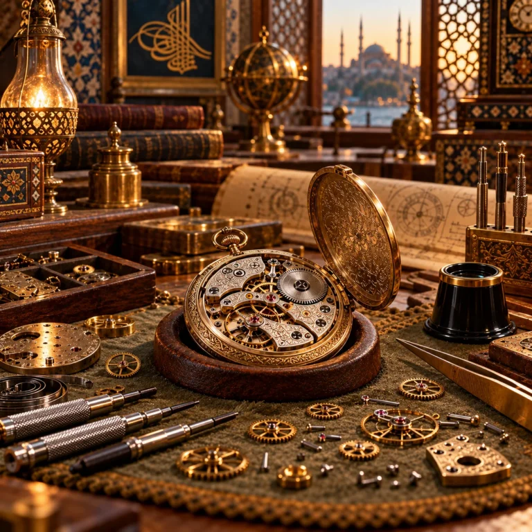 Mekanik cep saati, dişliler, saatçilik aletleri ve Osmanlı bezemeli iç mekânla düzenlenmiş saat ustalığı sahnesi.