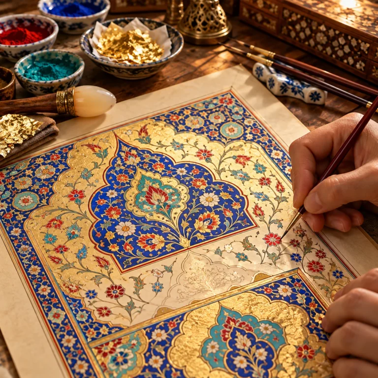 Altın varak, pigment kapları, ince fırçalar ve klasik bitkisel motiflerle çalışılan geleneksel tezhip atölyesi.