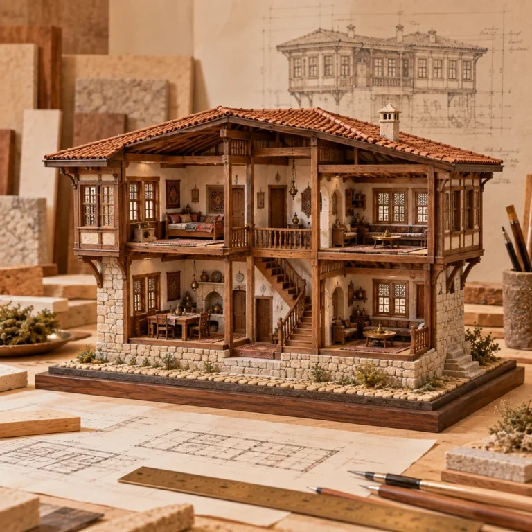 Kat, merdiven, oda, mobilya ve iç mekân ilişkilerini açık kesit üzerinden gösteren tekil ev maketi.