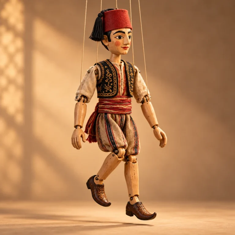 Eklemli ahşap gövdesi ve kontrol ipleri görülen geleneksel marionette.
