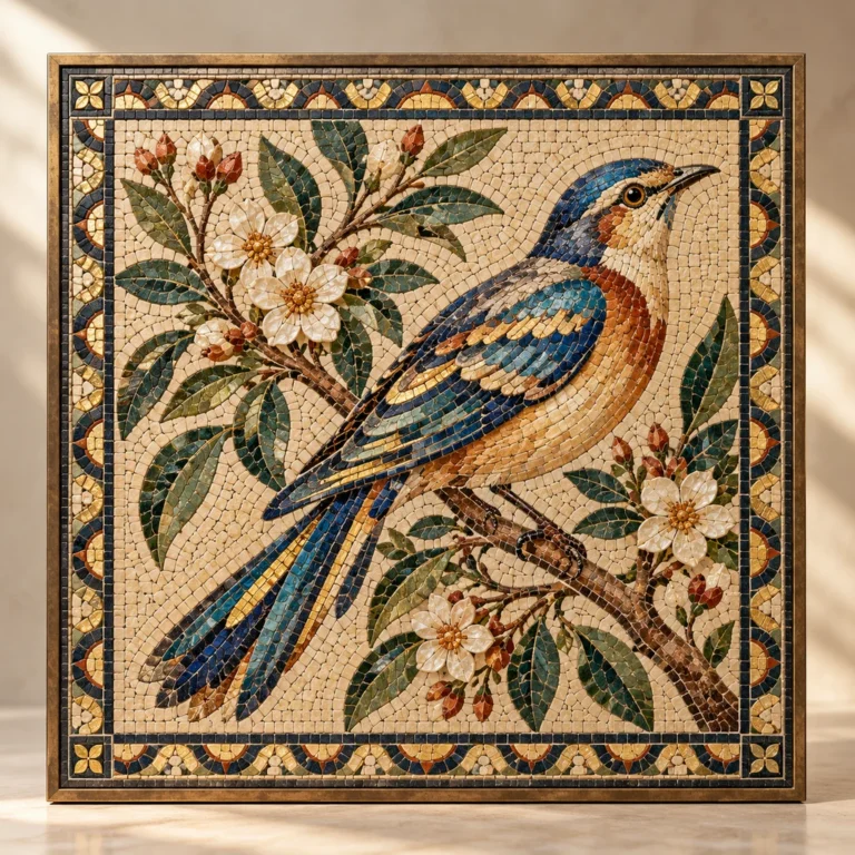 Kuş ve çiçek motifleriyle oluşturulmuş klasik üsluplu mozaik panel.