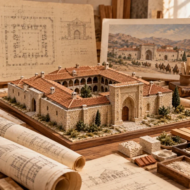 Plan, avlu, revak, taş cephe ve anıtsal giriş ilişkilerini araştırma temelli biçimde yeniden kuran tekil rekonstrüksiyon maketi.