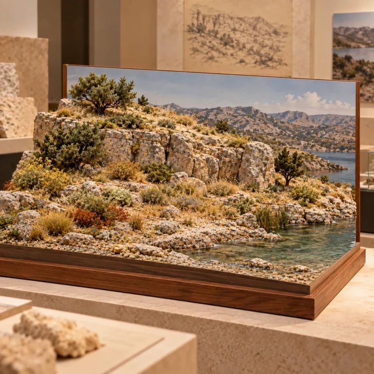 Kaya, kıyı, su, bitki ve boyanmış arka planı bütünlüklü bir doğal çevre sahnesinde birleştiren tekil diorama.