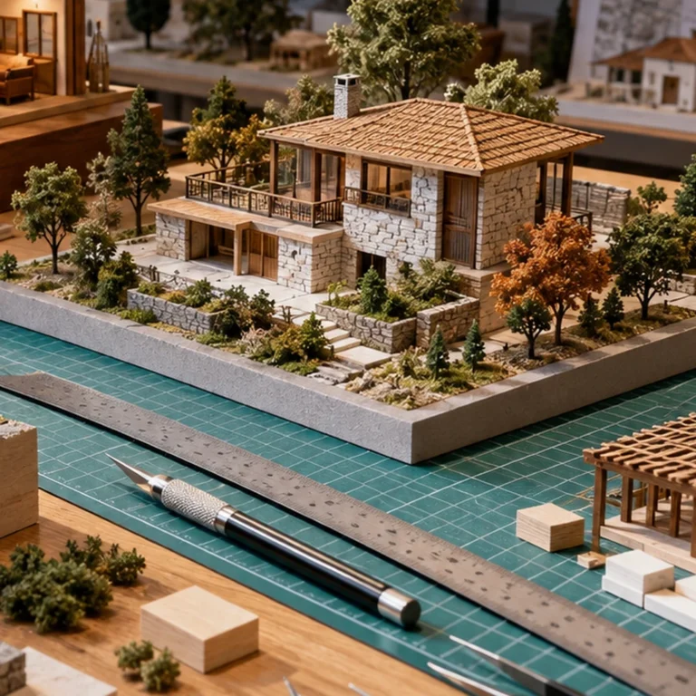 Maket atölyesinde ölçek, kütle, peyzaj ve malzeme ilişkilerinin araştırıldığı tekil geleneksel konut çalışma maketi.