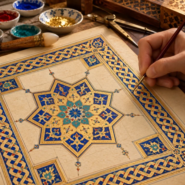 Sekiz kollu yıldız merkezli geometrik madalyon ile geçme-zencerek bordürlerin altın ve lacivertle düzenlendiği tezhip örneği.