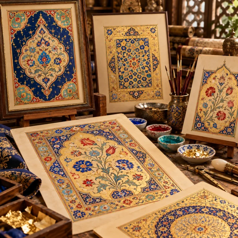 Altın varak, pigment kapları ve ince fırça eşliğinde tezhipli yüzey üzerinde çalışılan yakın plan atölye sahnesi.