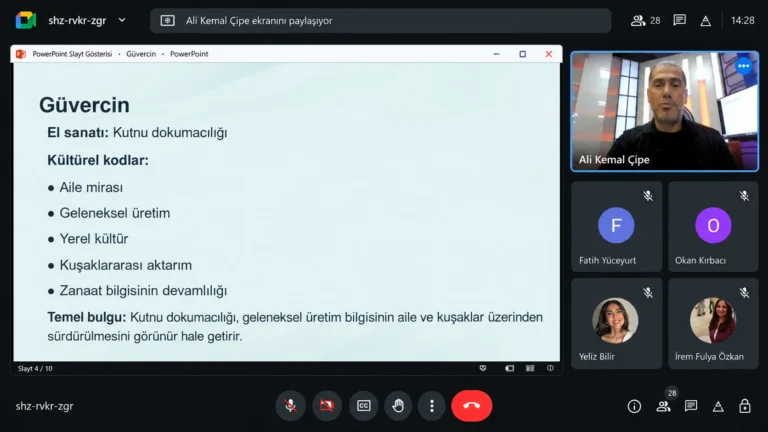 Ali Kemal Çipe’nin kutnu dokumacılığı, aile mirası ve kuşaklararası bilgi aktarımına ilişkin sunumundan Google Meet ekran görüntüsü.