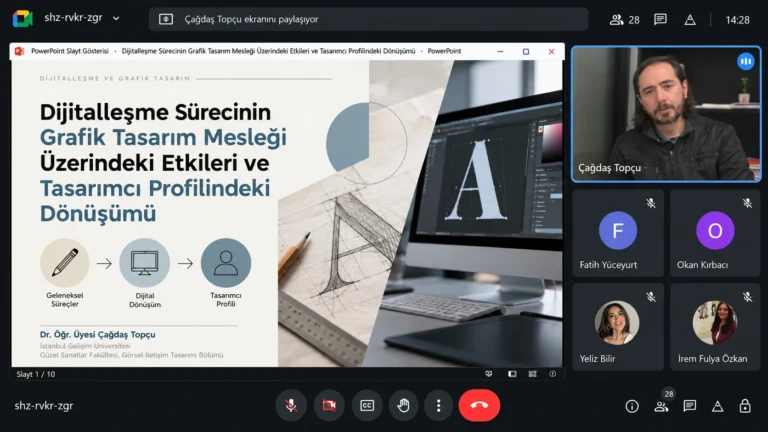 Çağdaş Topçu’nun dijitalleşme sürecinin grafik tasarım mesleğine ve tasarımcı profiline etkilerini anlattığı Google Meet ekran görüntüsü.