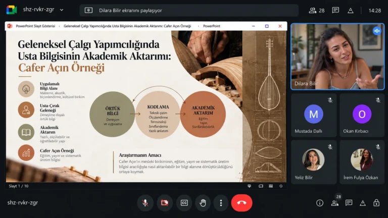 Dilara Bilir’in Cafer Açın örneği üzerinden geleneksel çalgı yapımcılığında usta bilgisinin akademik aktarımına ilişkin sunumundan Google Meet ekran görüntüsü.
