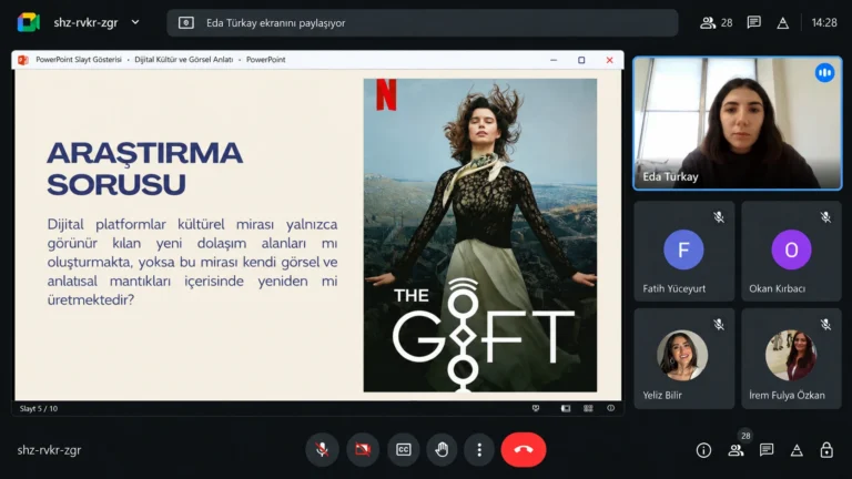 Eda Türkay’ın dijital platformlar, kültürel miras ve görsel anlatı üzerine araştırma sorusunu sunduğu Google Meet ekran görüntüsü.