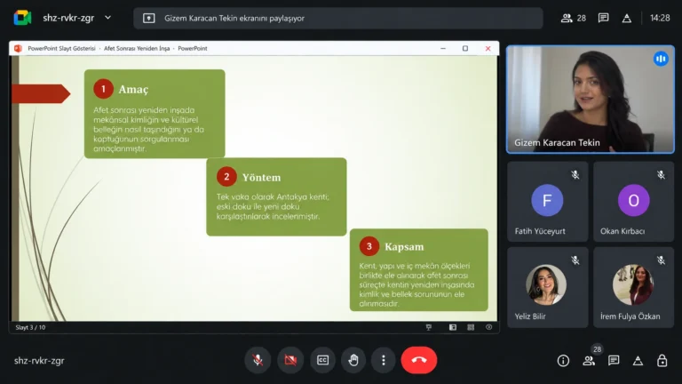 Gizem Karacan Tekin’in afet sonrası yeniden inşada mekânsal kimlik ve kültürel bellek sorununu ele aldığı Google Meet ekran görüntüsü.