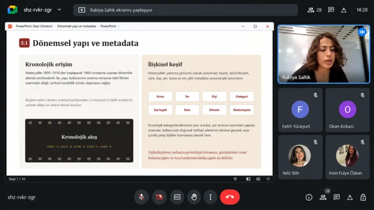 Rabiya Saltik’in tarihsel dönemleme, arşiv metadatası ve ilişkisel keşif üzerine sunumundan Google Meet ekran görüntüsü.
