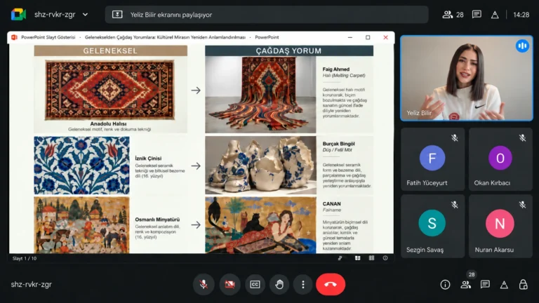 Yeliz Bilir’in halı, İznik çinisi ve minyatürün çağdaş sanat pratikleriyle ilişkisini örnekleyen Google Meet ekran görüntüsü.