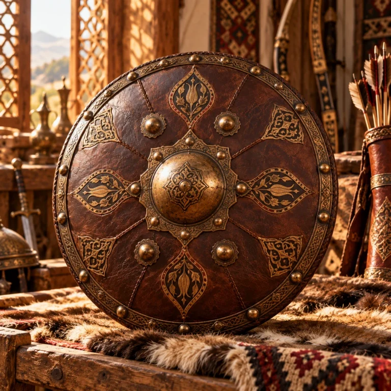 Deri ve metal bezemeli geleneksel koruyucu donanım örneği.