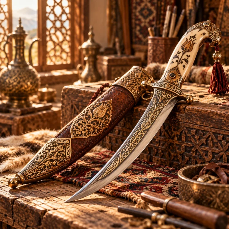 Müze-belgeleme estetiğinde bezemeli tarihî hançer ve kın örneği.