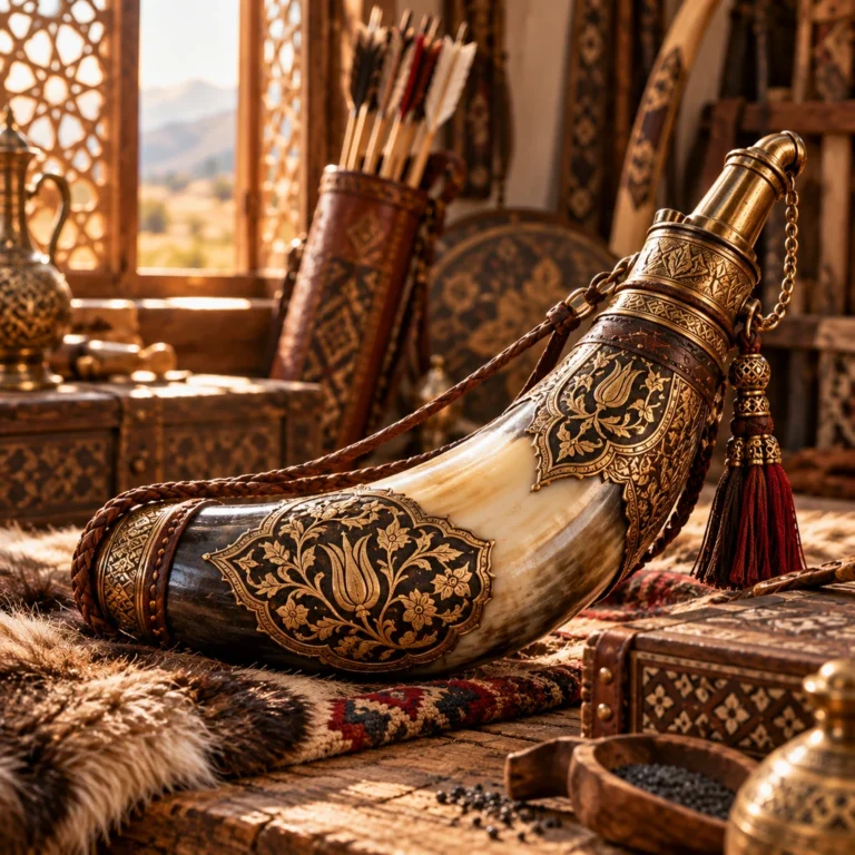 Tarihî av ve silah donanımı kültürünü temsil eden bezemeli barutluk örneği.