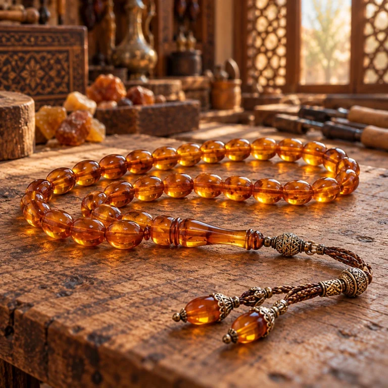 Kehribar tonlarında, cilalı taneli ve metal ayrıntılı tekil tesbih örneği.