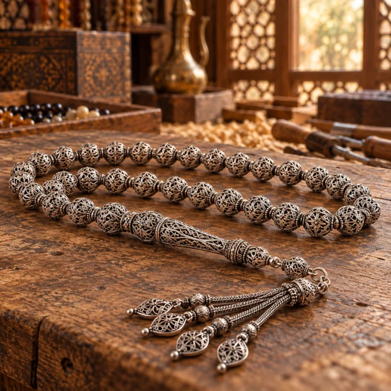 İnce metal işçiliğiyle oluşturulmuş telkâri taneli ve püsküllü tesbih örneği.