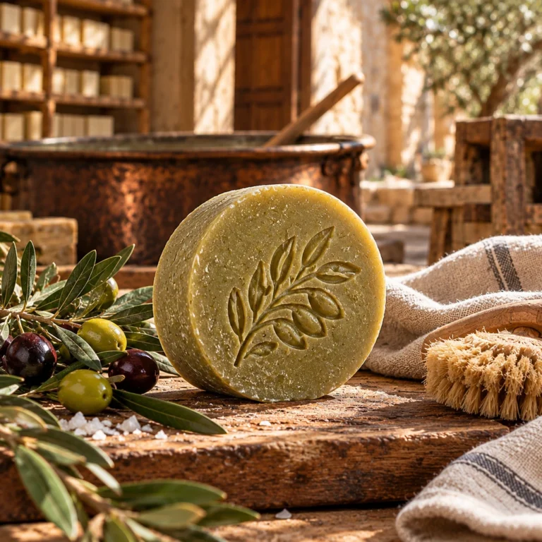 Yüzeyinde zeytin dalı damgası bulunan dekoratif geleneksel sabun örneği.