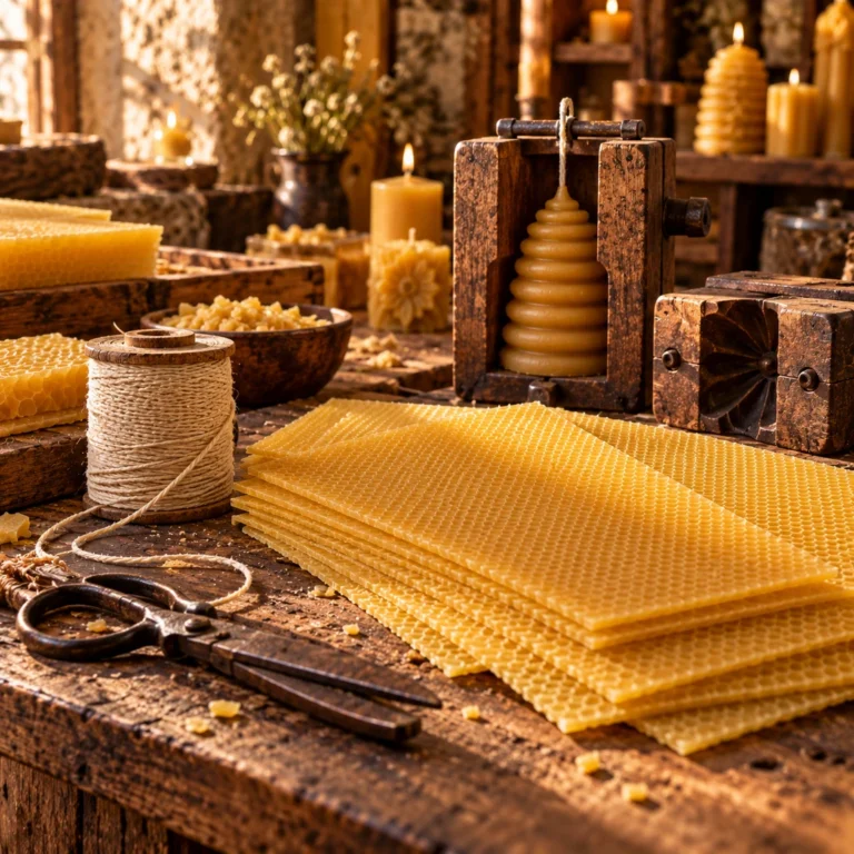 Bitkisel ve arı temalı kabartma yüzeye sahip dekoratif balmumu mum örneği.