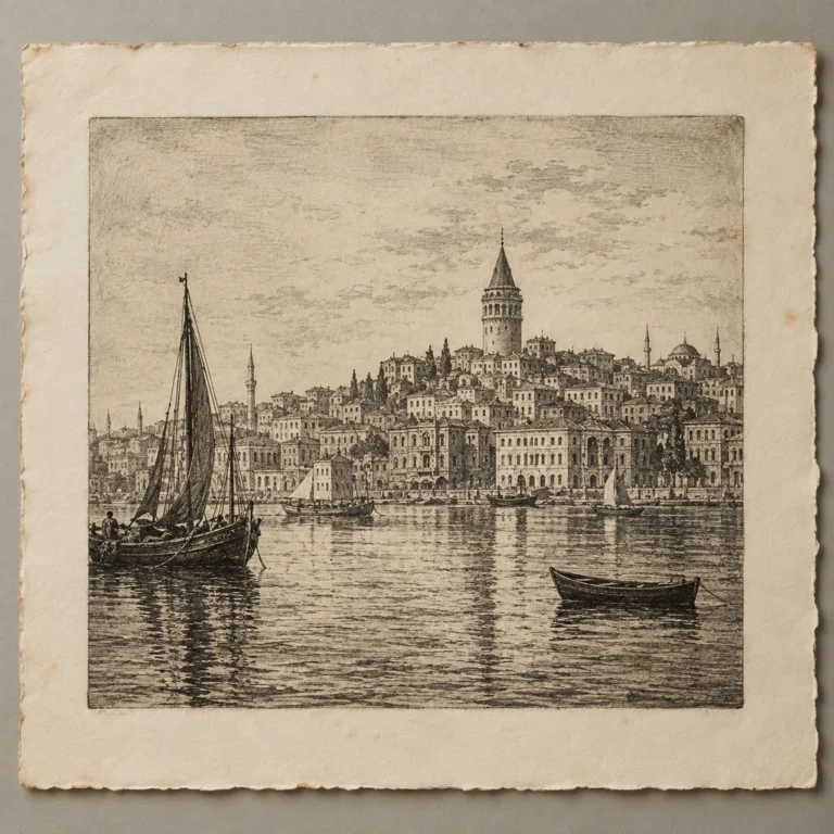 İstanbul liman görünümünü konu alan tekil çukur baskı/gravür örneği.