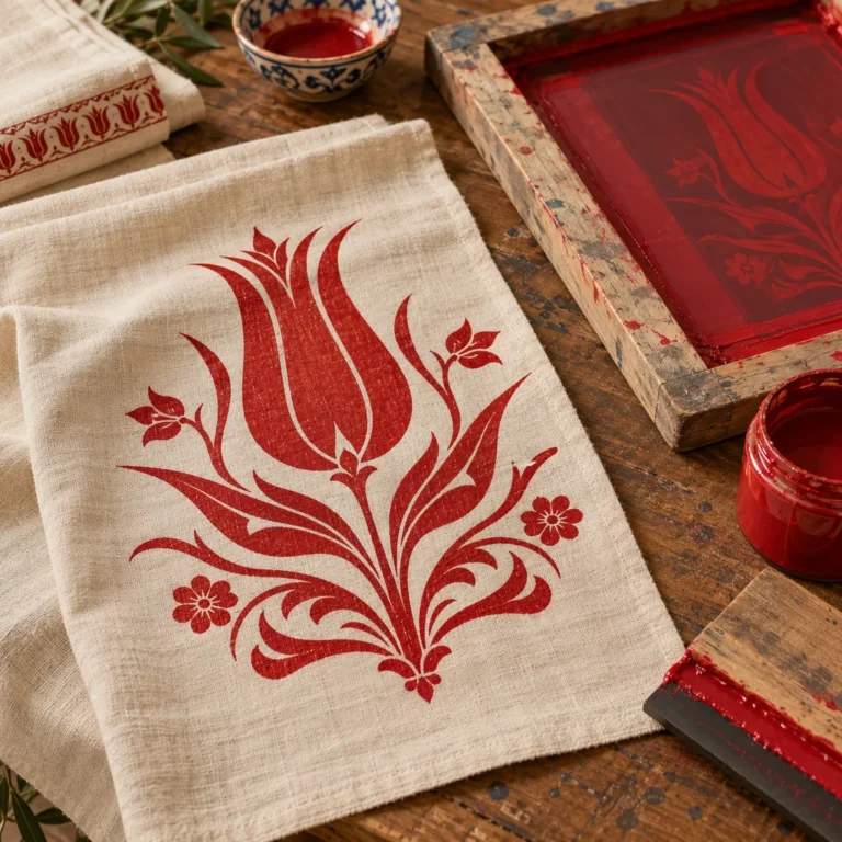 Lale motifli tekil serigrafi baskı ve elek yüzeyini gösteren ürün örneği.