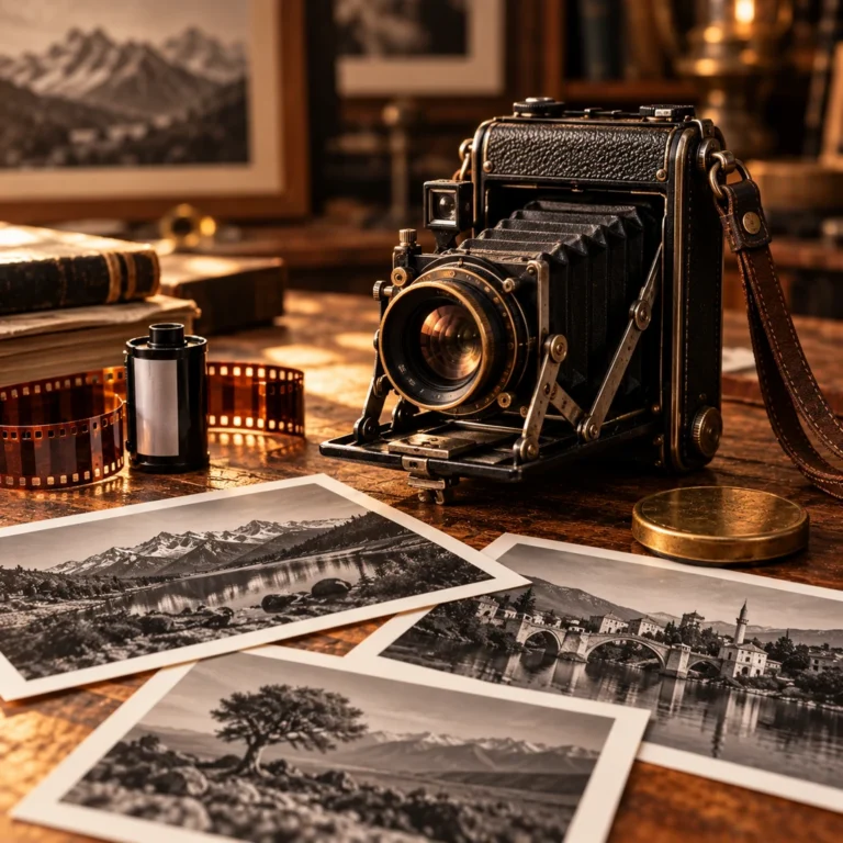 Körüklü analog fotoğraf makinesi, film ve siyah-beyaz baskılarla fotoğraf üretim ortamını temsil eden galeri görseli.
