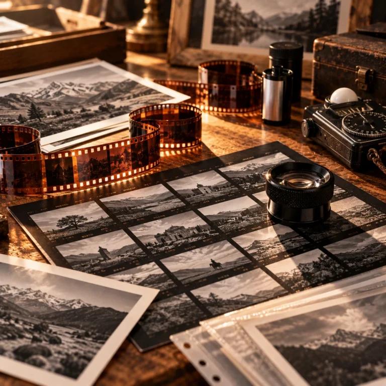 Negatif film şeritleri ve kontakt baskı tabakası üzerinden analog arşivleme ve seçki sürecini temsil eden galeri görseli.