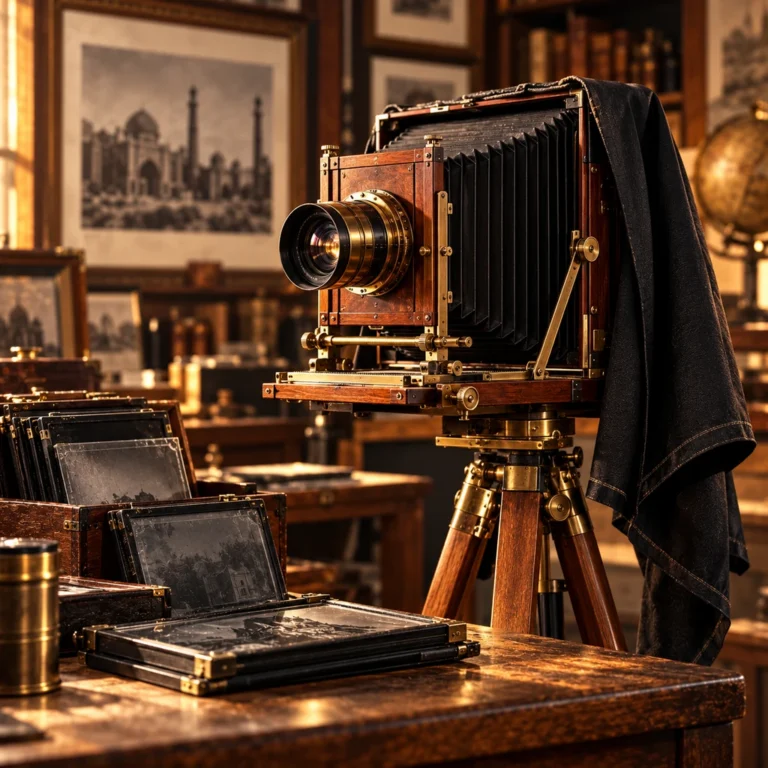 Körüklü büyük format fotoğraf makinesi ve plaka taşıyıcılarıyla tarihsel stüdyo fotoğrafçılığı ekipmanını temsil eden galeri görseli.