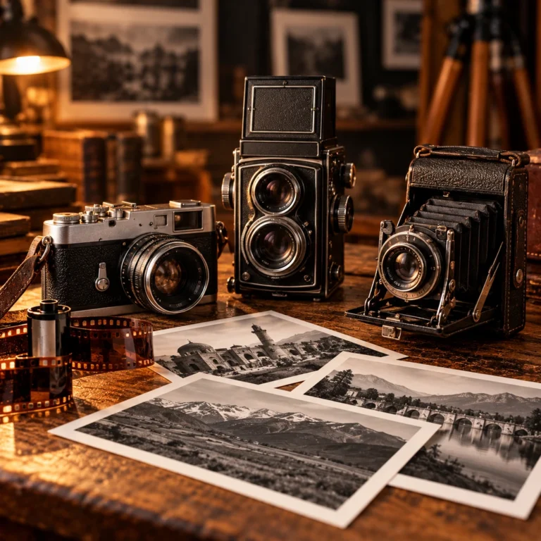 Telemetreli, çift objektifli ve körüklü analog kamera tiplerini aynı fotoğraf tarihi bağlamında gösteren galeri görseli.