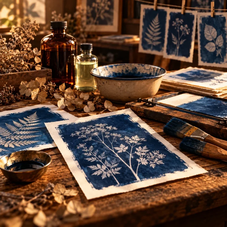 Bitkisel örneklerle hazırlanmış mavi-beyaz cyanotype baskıları ve atölye araçlarını temsil eden galeri görseli.