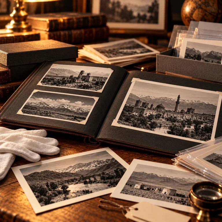 Albüm, baskılar, arşiv kutuları ve koruma ekipmanlarıyla fotoğraf arşivleme pratiğini temsil eden galeri görseli.