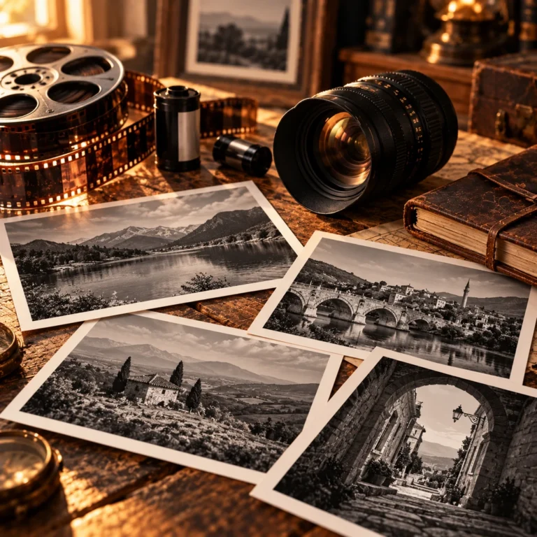 Objektif, film makarası ve siyah-beyaz baskılarla analog fotoğraf üretim zincirini temsil eden galeri görseli.