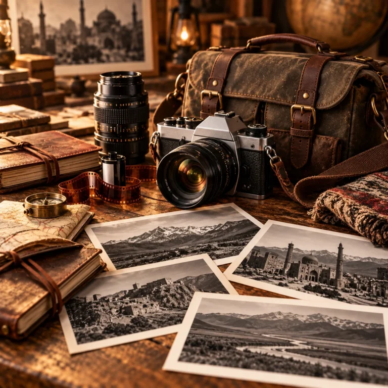 Kamera, tele objektif, harita, çanta ve belgesel baskılarla saha fotoğrafçılığını temsil eden galeri görseli.