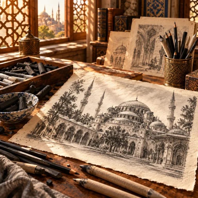Tarihî mimariyi ayrıntılı çizgi, ton ve perspektif üzerinden ele alan tekil karakalem desen.