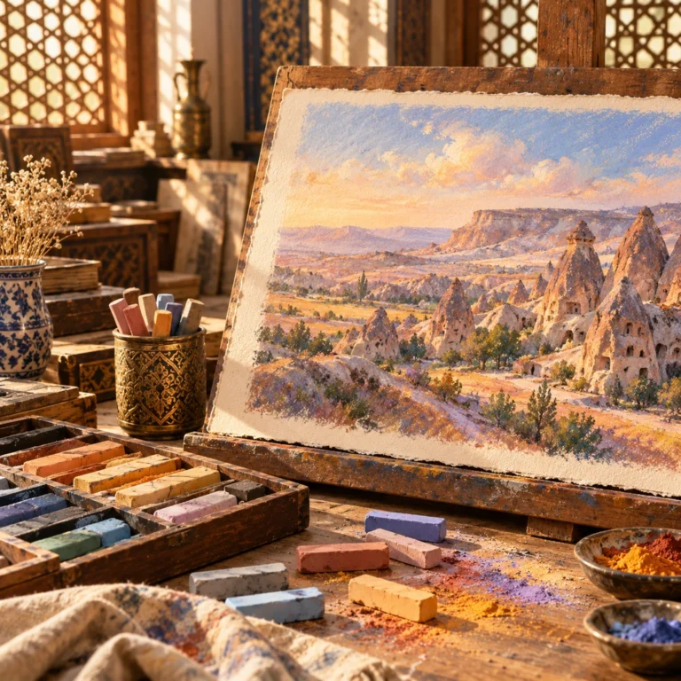 Kuru pastel ve pigment çubuklarıyla hazırlanmış, Kapadokya benzeri coğrafi oluşumları konu alan tekil peyzaj.