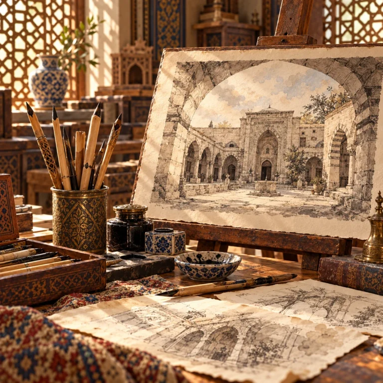 Mimari avlu ve yapı detaylarının çizgi ile tonal yıkama kullanılarak oluşturulduğu tekil çalışma.