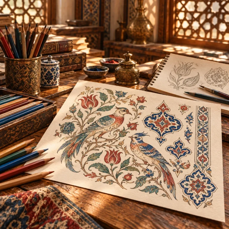 Kuş figürleri ile bitkisel motiflerin çizgi ve renk üzerinden birlikte işlendiği tekil desen çalışması.