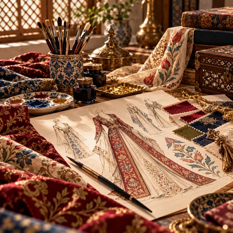 Geleneksel tekstil ve giysi ayrıntılarını çağdaş moda çizimi sistemiyle sunan tekil moda illüstrasyonu.